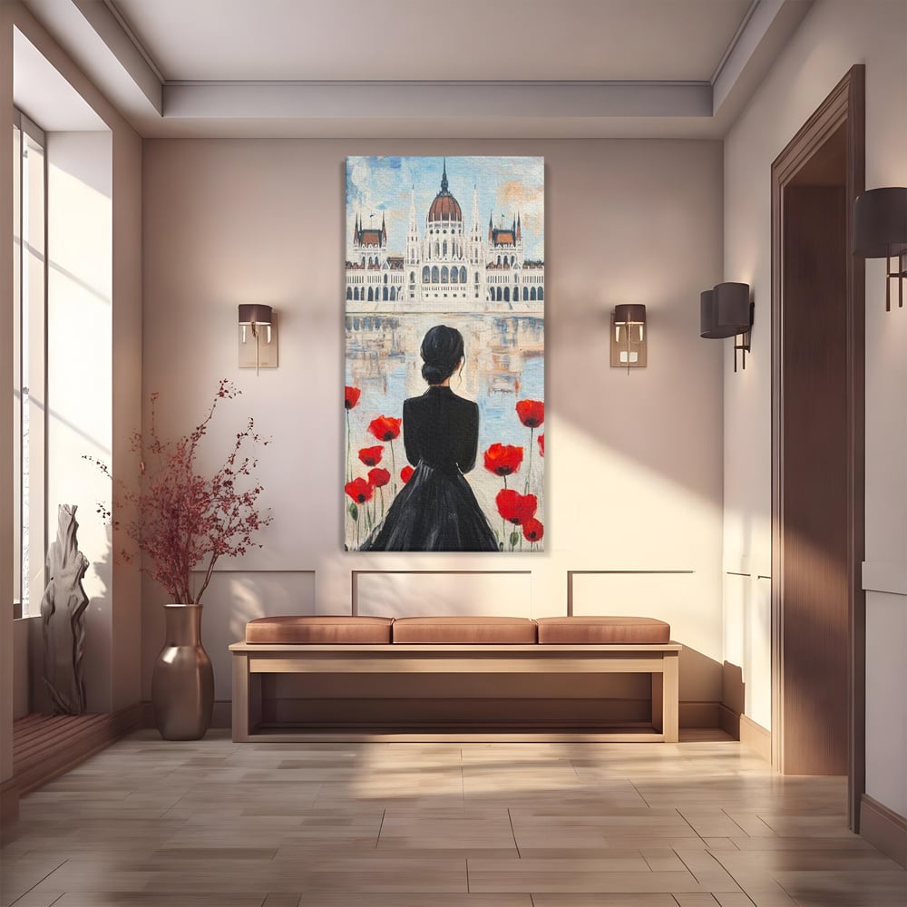 Tablou canvas cu tablou canvas cu femeie si maci, fara rama, pe sasiu de lemn